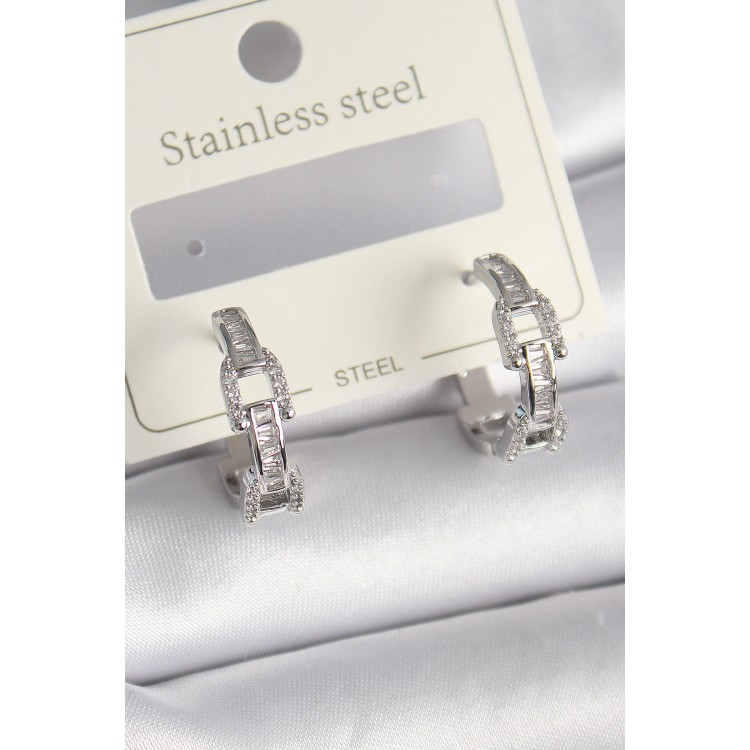 Pirinç Gümüş Renk Zirkon Taşlı Zincir Model Kadın Küpe - TJ-BKP9736 Pirinç Gümüş Renk Zirkon Taşlı Zincir Model Kadın Küpe - TJ-BKP9736