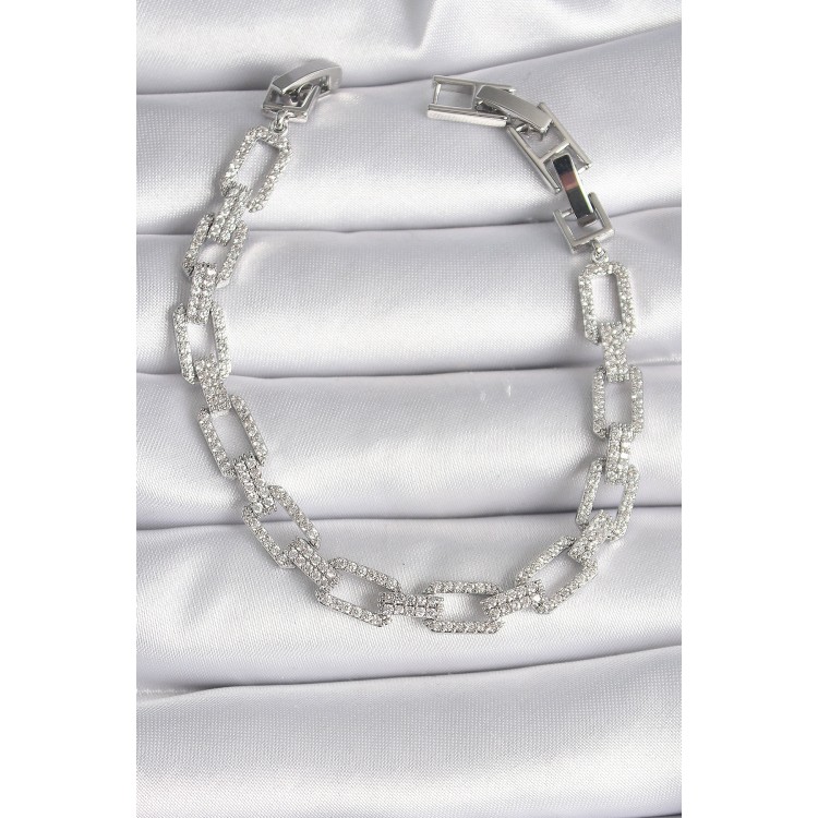 Pirinç Gümüş Renk Zirkon Taşlı Zincir Model VIP Seri Kadın Bileklik - TJ-BB6493 Pirinç Gümüş Renk Zirkon Taşlı Zincir Model VIP Seri Kadın Bileklik - TJ-BB6493