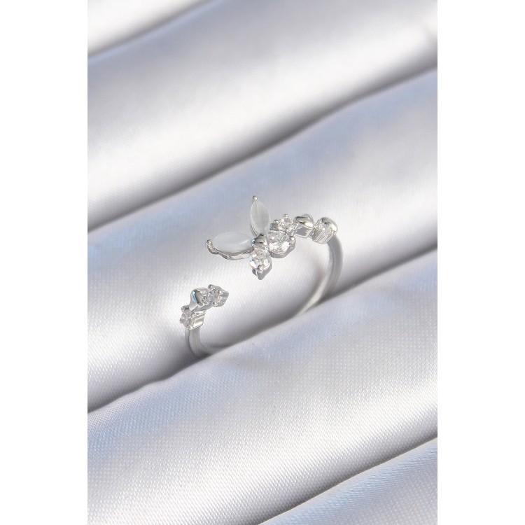 Brass Silver Color Zircon Stone Detailed White Enamel Butterfly Model Women's Ring - TJ-BYK3433