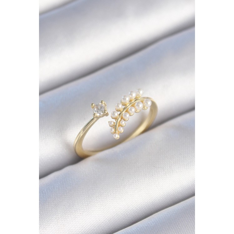 Brass Gold Color Zircon Stone Pearl Leaf Model Women's Ring - TJ-BYK3452 Brass Gold Color Zircon Stone Pearl Leaf Model Women's Ring - TJ-BYK3452