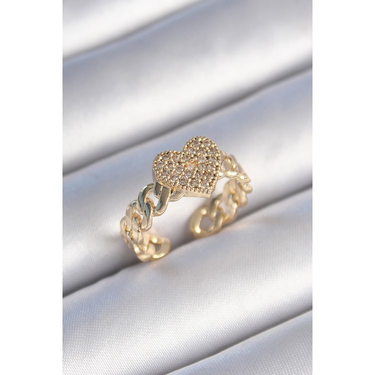 Pirinç Gold Renk Zincir Kordon Zirkon Taşlı Kalp Model Kadın Yüzük - TJ-BYK3485 Pirinç Gold Renk Zincir Kordon Zirkon Taşlı Kalp Model Kadın Yüzük - TJ-BYK3485