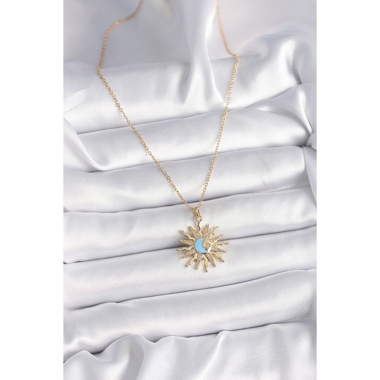 316L Steel Gold Color Chain Zircon Stone Sun Model Blue Moon Embroidery Women's Necklace - TJ-BKO9569