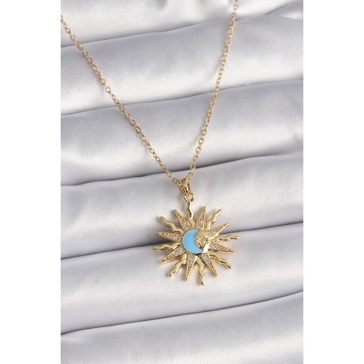 316L Steel Gold Color Chain Zircon Stone Sun Model Blue Moon Embroidery Women's Necklace - TJ-BKO9569 316L Steel Gold Color Chain Zircon Stone Sun Model Blue Moon Embroidery Women's Necklace - TJ-BKO9569
