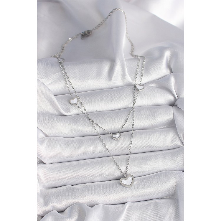 316L Çelik Gümüş Renk Zincir 2'Li Zincir Kalp Model Kadın Kolye - TJ-BKO9573