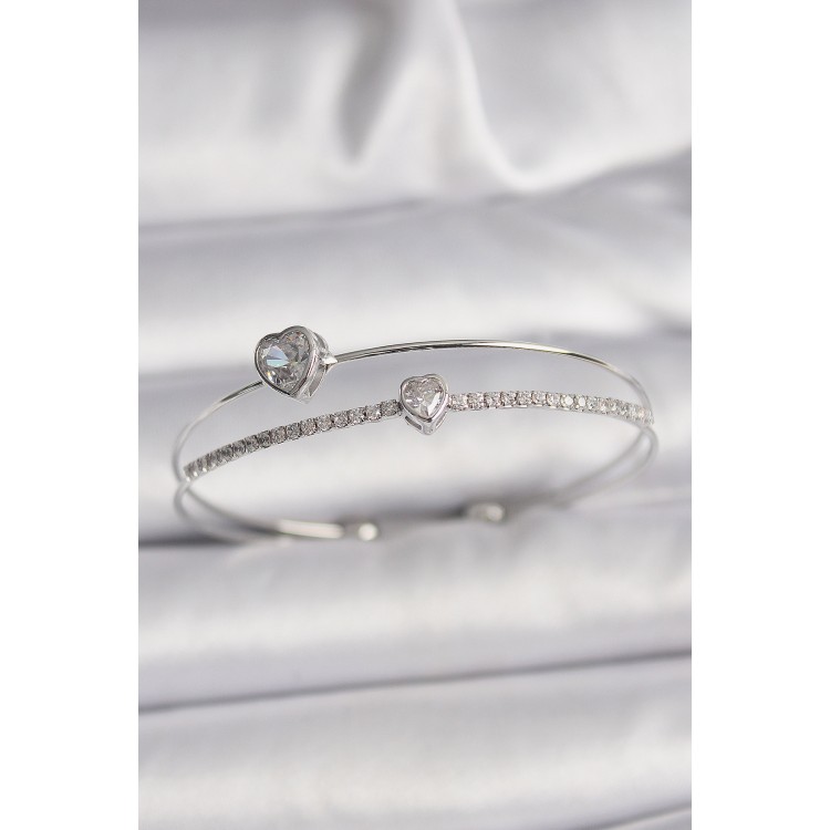 Pirinç Gümüş Renk Zirkon Taşlı Kalp Model Kadın Bileklik - TJ-BB6537 Pirinç Gümüş Renk Zirkon Taşlı Kalp Model Kadın Bileklik - TJ-BB6537