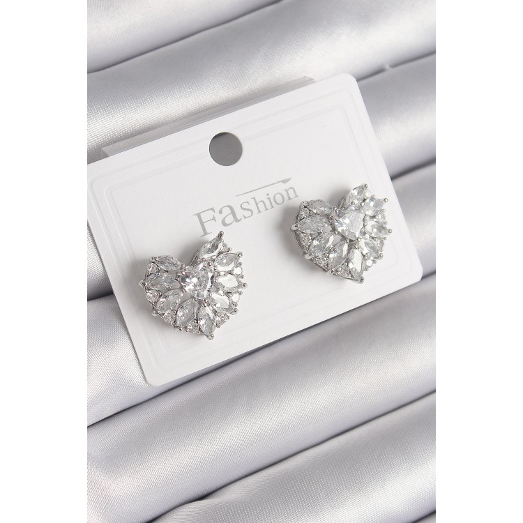 Pirinç Gümüş Renk Zirkon Taşlı Kalp Model Kadın Küpe - TJ-BKP9749 Pirinç Gümüş Renk Zirkon Taşlı Kalp Model Kadın Küpe - TJ-BKP9749