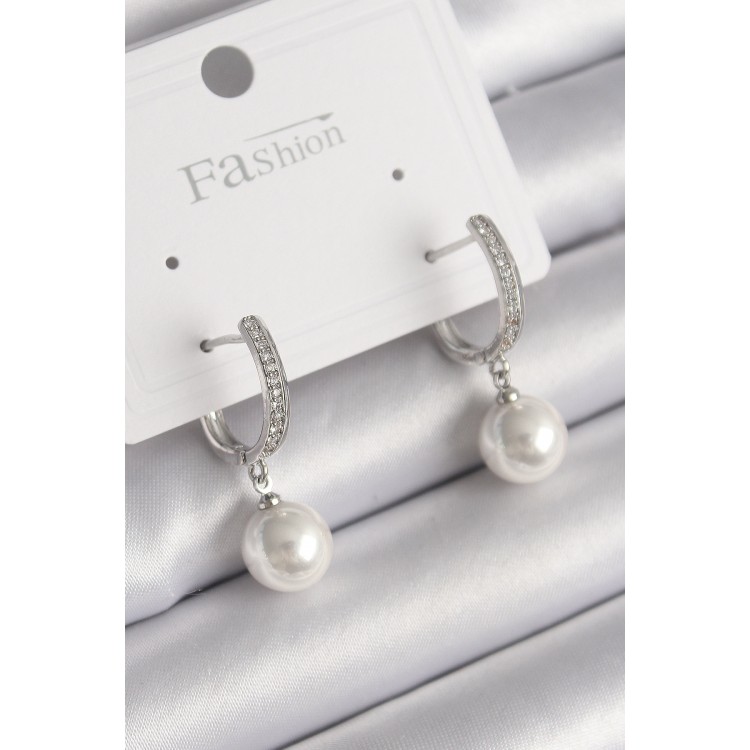 Brass Silver Color Zircon Stone Dangle Pearl Model Women's Earrings - TJ-BKP9751 Brass Silver Color Zircon Stone Dangle Pearl Model Women's Earrings - TJ-BKP9751