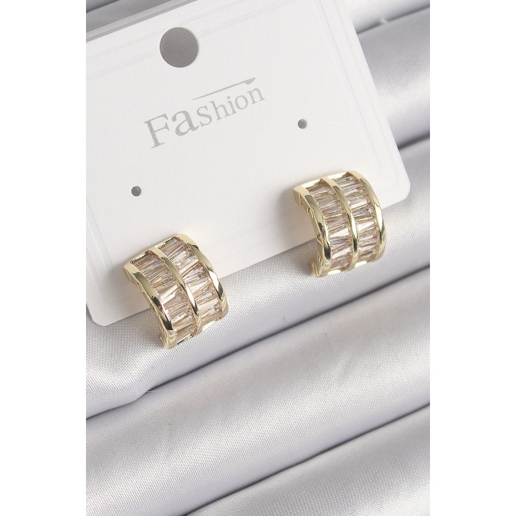 Pirinç Gold Renk Çift Sıra Zirkon Taşlı Kadın Küpe - TJ-BKP9756 Pirinç Gold Renk Çift Sıra Zirkon Taşlı Kadın Küpe - TJ-BKP9756