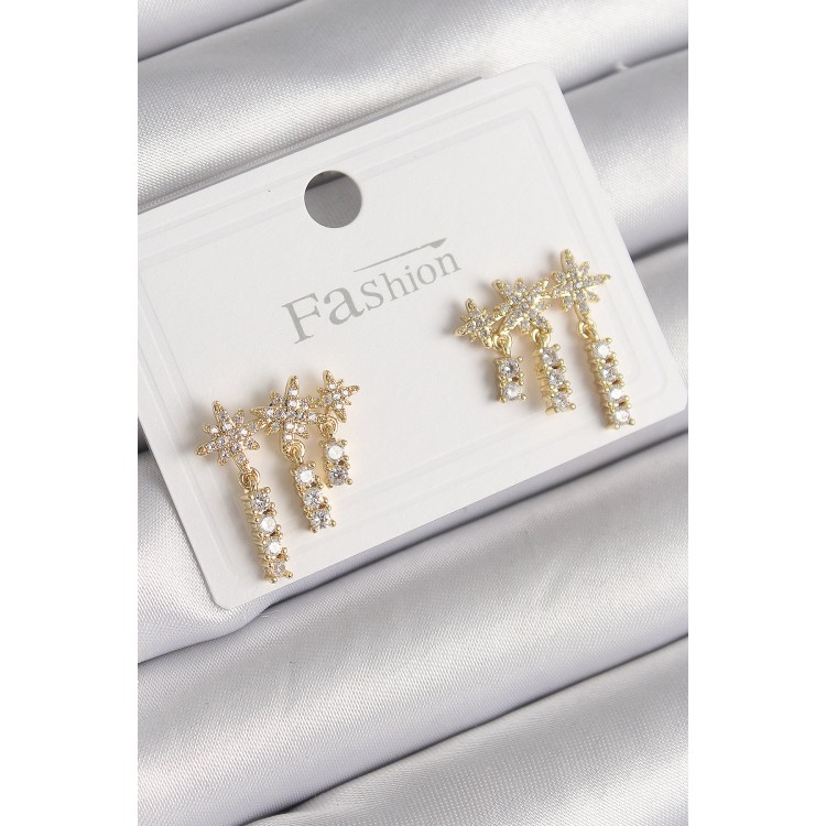 Brass Gold Color Zircon Stone 3-Piece Dangle Star Model Women's Earrings - TJ-BKP9758