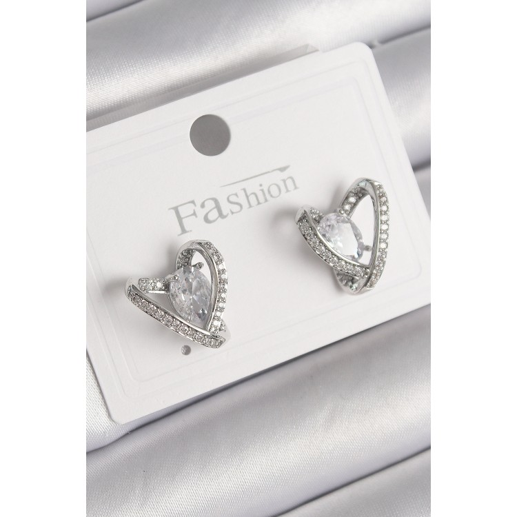 Pirinç Gümüş Renk Zirkon Taşlı Kalp Model Kadın Küpe - TJ-BKP9759 Pirinç Gümüş Renk Zirkon Taşlı Kalp Model Kadın Küpe - TJ-BKP9759