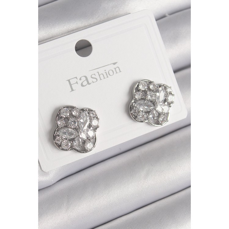 Pirinç Gümüş Renk Zirkon Taşlı Yonca Model Kadın Küpe - TJ-BKP9763 Pirinç Gümüş Renk Zirkon Taşlı Yonca Model Kadın Küpe - TJ-BKP9763