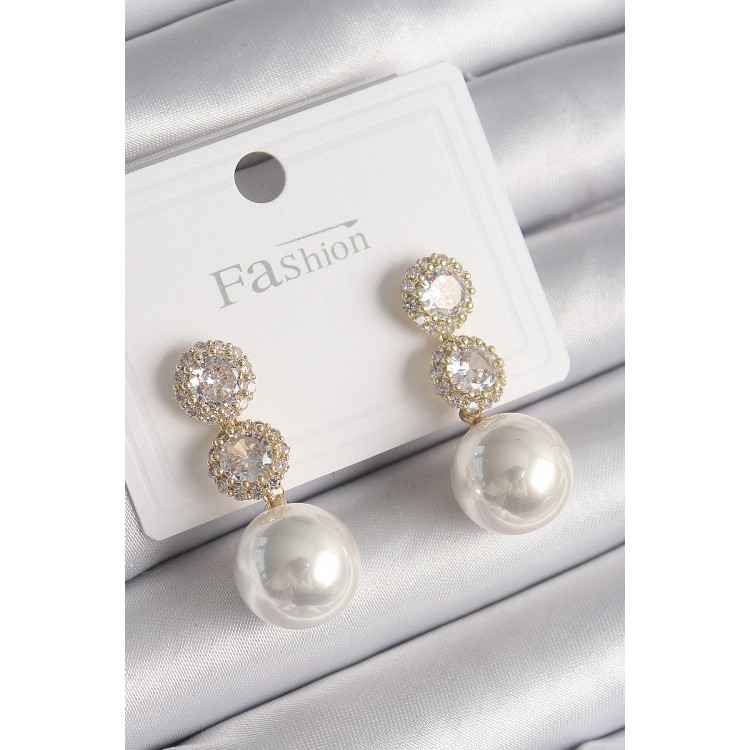 Brass Gold Color Zircon Stone Dangle Pearl Model Women's Earrings - TJ-BKP9774