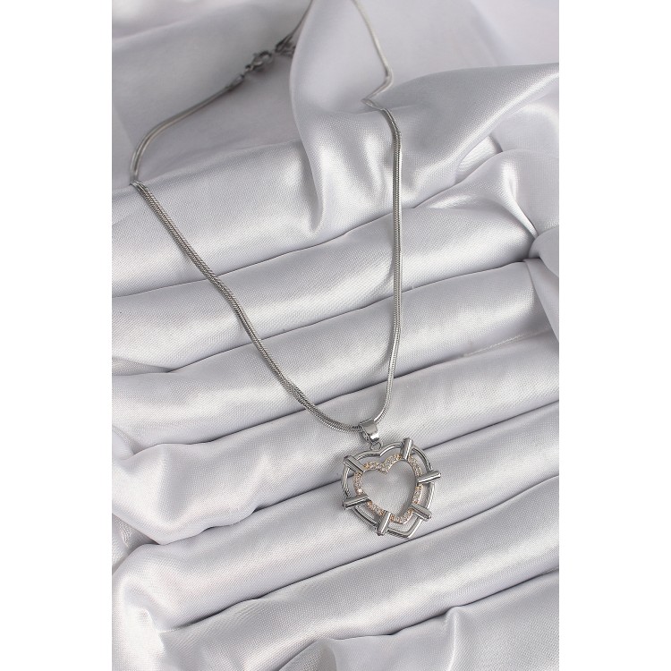 316L Çelik Gümüş Renk İtalyan Zincir Mix Renk Zirkon Taş Detay Kalp Model Kadın Kolye - TJ-BKO9600