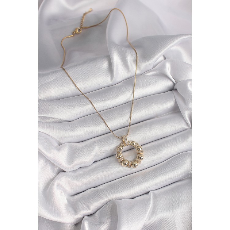 316L Steel Gold Color Chain Zircon Stone Detailed Domed Ring Model Women's Necklace - TJ-BKO9605