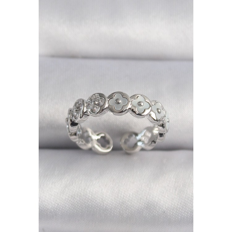 Pirinç Gümüş Renk Beyaz Sedefli Yonca Model Kadın Yüzük - TJ-BYK3497 Pirinç Gümüş Renk Beyaz Sedefli Yonca Model Kadın Yüzük - TJ-BYK3497