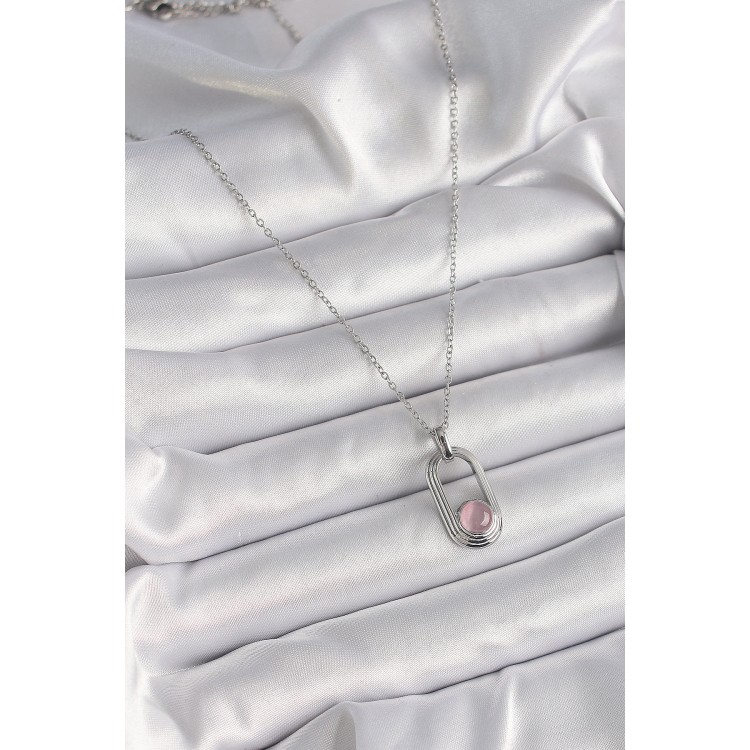 316L Steel Silver Color Chain Pink Cat Eye Model Women's Necklace - TJ-BKO9614
