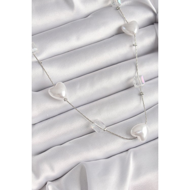 Pirinç Gümüş Renk Beyaz İnci Kalp Model Kadın Kolye - TJ-BKO9624 Pirinç Gümüş Renk Beyaz İnci Kalp Model Kadın Kolye - TJ-BKO9624