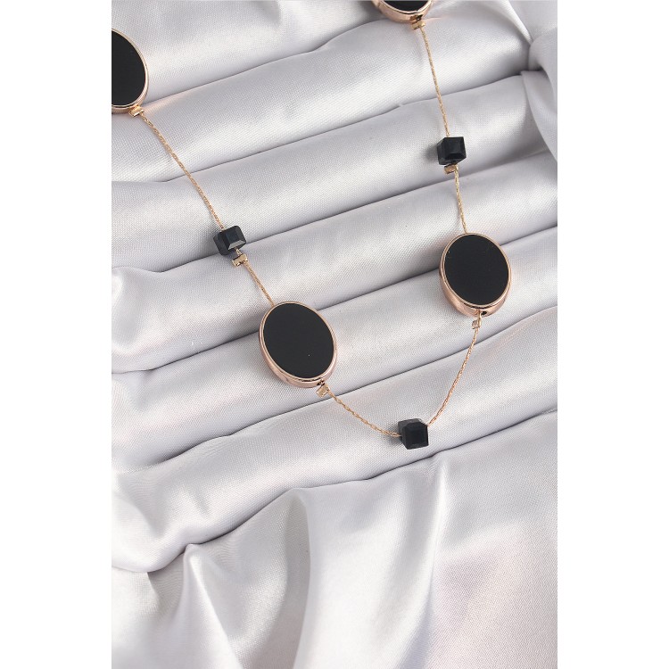 Pirinç Gold Renk Siyah Renk Oval Siyah Küp Detay Kadın Kolye - TJ-BKO9625 Pirinç Gold Renk Siyah Renk Oval Siyah Küp Detay Kadın Kolye - TJ-BKO9625