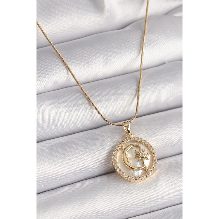 316L Çelik Gold Renk Zincir Zirkon Taş Detaylı Beyaz Sedefli Ay Yıldız Model Kadın Kolye - TJ-BKO9638 316L Çelik Gold Renk Zincir Zirkon Taş Detaylı Beyaz Sedefli Ay Yıldız Model Kadın Kolye - TJ-BKO9638
