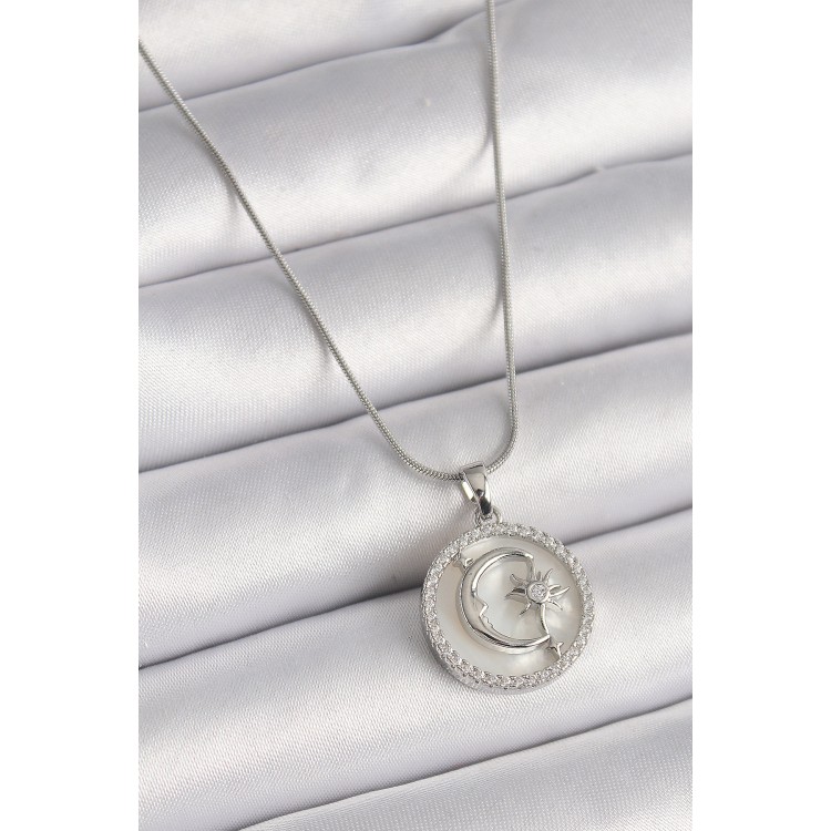316L Çelik Gümüş Renk Zincir Zirkon Taş Detaylı Beyaz Sedefli Ay Yıldız İşleme Kadın Kolye - TJ-BKO9639 316L Çelik Gümüş Renk Zincir Zirkon Taş Detaylı Beyaz Sedefli Ay Yıldız İşleme Kadın Kolye - TJ-BKO9639