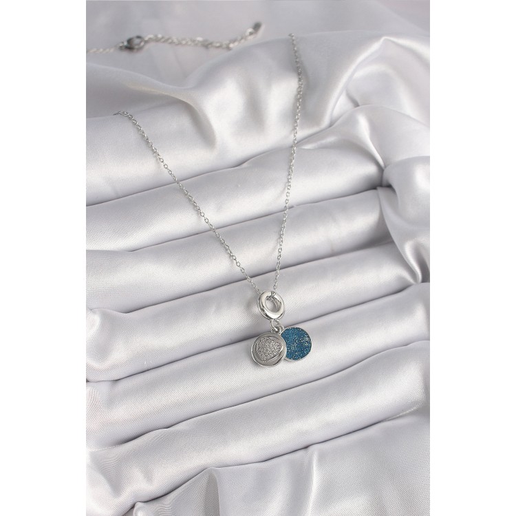 316L Çelik Gümüş Renk Zincir Zirkon Taşlı İşleme Mavi Simli Kadın Kolye - TJ-BKO9641