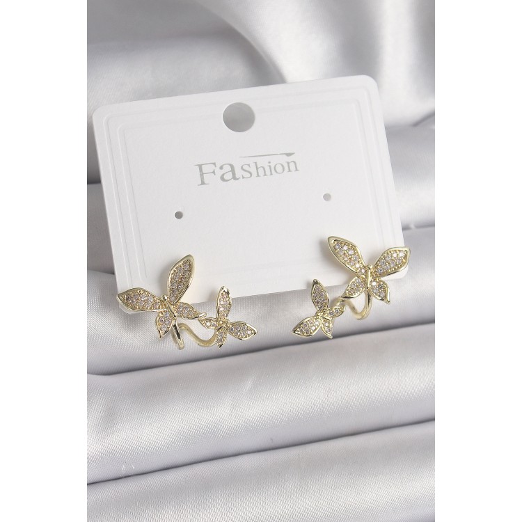 Pirinç Gold Renk Zirkon Taşlı Kelebek Model Kadın Küpe - TJ-BKP9838