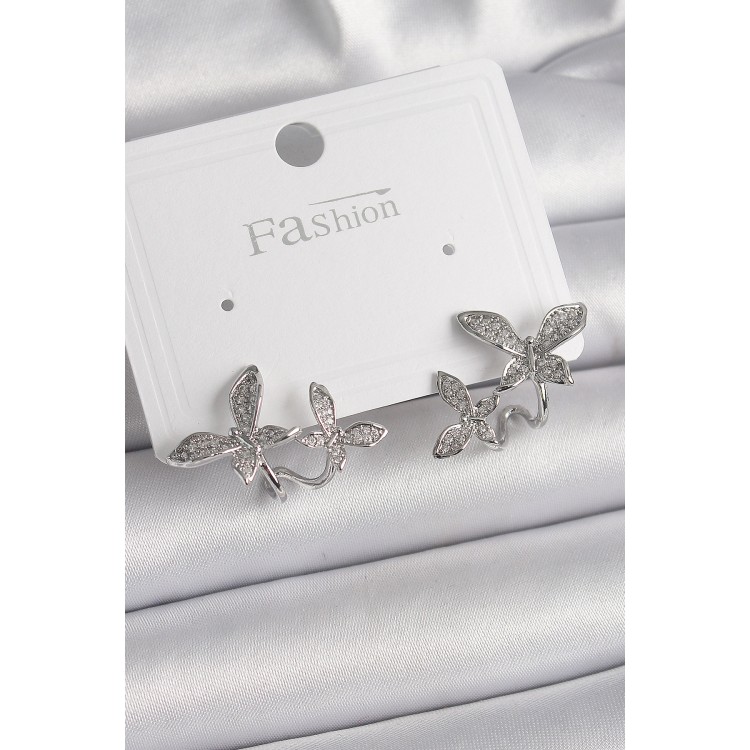 Pirinç Gümüş Renk Zirkon Taşlı Kelebek Model Kadın Küpe - TJ-BKP9839