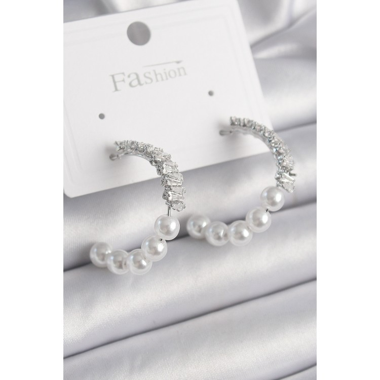 Brass Silver Color Zircon Stone Pearl Hoop Model Women's Earrings - TJ-BKP9853