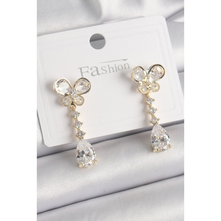 Pirinç Gold Renk Zirkon Taşlı Kelebek Model Sallantı Damla Zirkon Taş Kadın Küpe - TJ-BKP9860