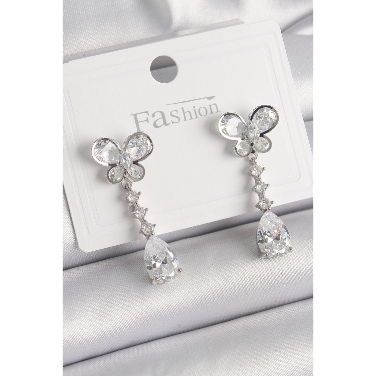 Pirinç Gümüş Renk Kelebek Model Sallantı Damla Zirkon Taşlı Kadın Küpe - TJ-BKP9861 Pirinç Gümüş Renk Kelebek Model Sallantı Damla Zirkon Taşlı Kadın Küpe - TJ-BKP9861