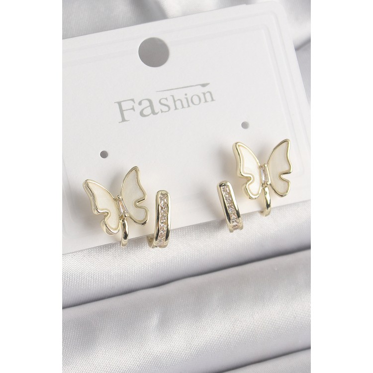 Pirinç Gümüş Renk Zirkon Taş Detaylı Beyaz Sedefli Kelebek Model Kadın Küpe - TJ-BKP9868 Pirinç Gümüş Renk Zirkon Taş Detaylı Beyaz Sedefli Kelebek Model Kadın Küpe - TJ-BKP9868