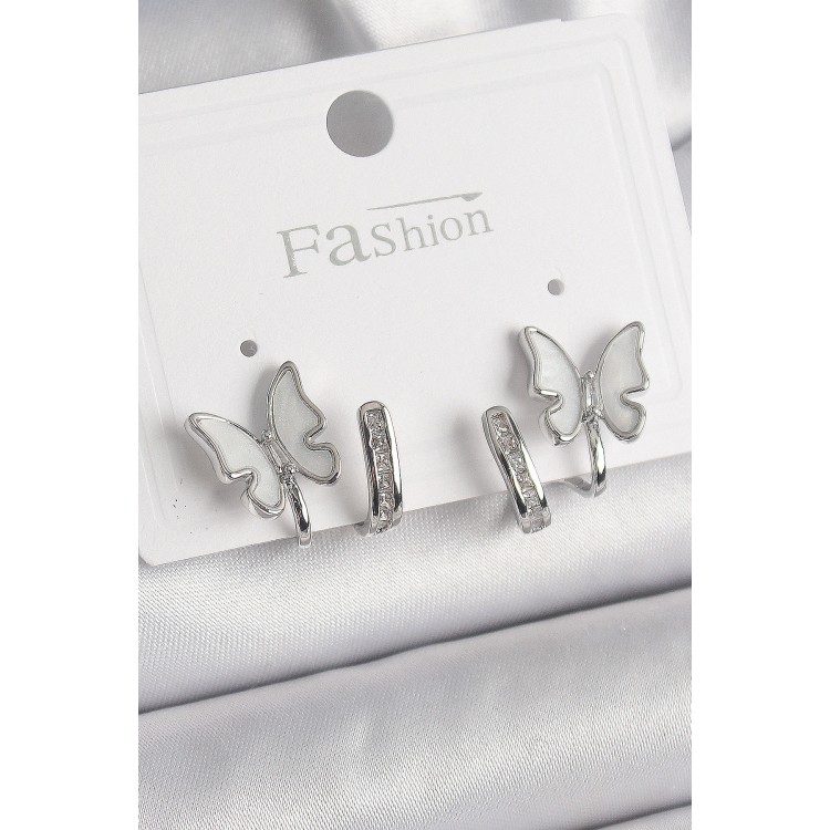 Pirinç Gümüş Renk Zirkon Taş Detaylı Beyaz Sedefli Kelebek Model Kadın Küpe - TJ-BKP9869 Pirinç Gümüş Renk Zirkon Taş Detaylı Beyaz Sedefli Kelebek Model Kadın Küpe - TJ-BKP9869