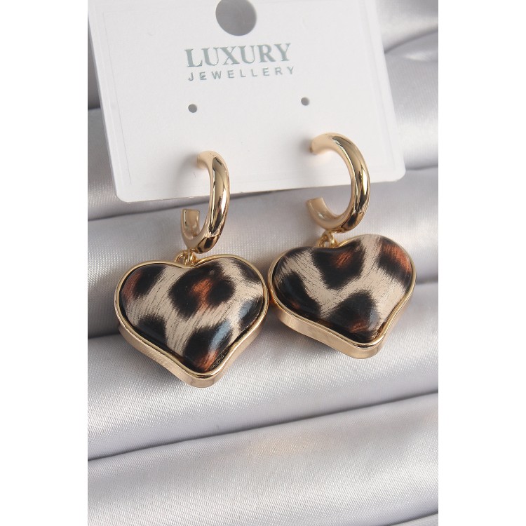 Pirinç Gold Renk 3D Kalp Leopar Model Kadın Küpe - TJ-BKP9876
