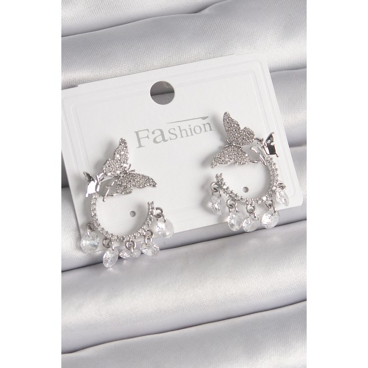 Pirinç Gümüş Renk Zirkon Taşlı Sallantı Detay Kelebek Model Kadın Küpe - TJ-BKP9902