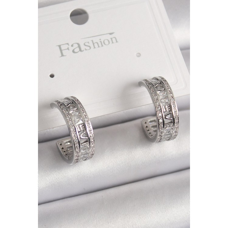 Pirinç Gümüş Renk Zirkon Taşlı İşleme Detay Halka Model Kadın Küpe - TJ-BKP9914