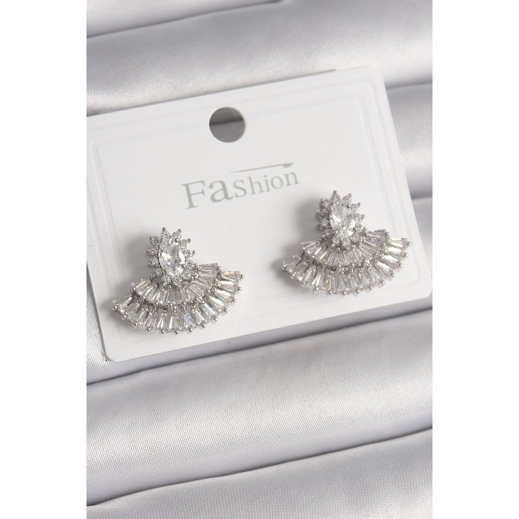 Pirinç Gümüş Renk Zirkon Taşlı Yelpaze Model Kadın Küpe - TJ-BKP9916