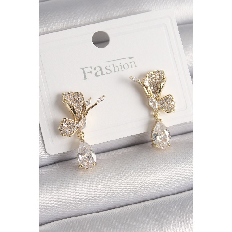 Pirinç Gold Renk Zirkon Taşlı Turna Kuşu Model Sallantı Detay Kadın Küpe - TJ-BKP9919