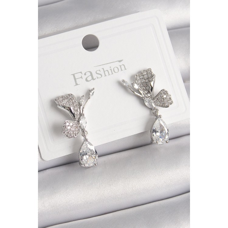 Pirinç Gümüş Renk Zirkon Taşlı Turna Kuşu Model Sallantı Detay Kadın Küpe - TJ-BKP9920