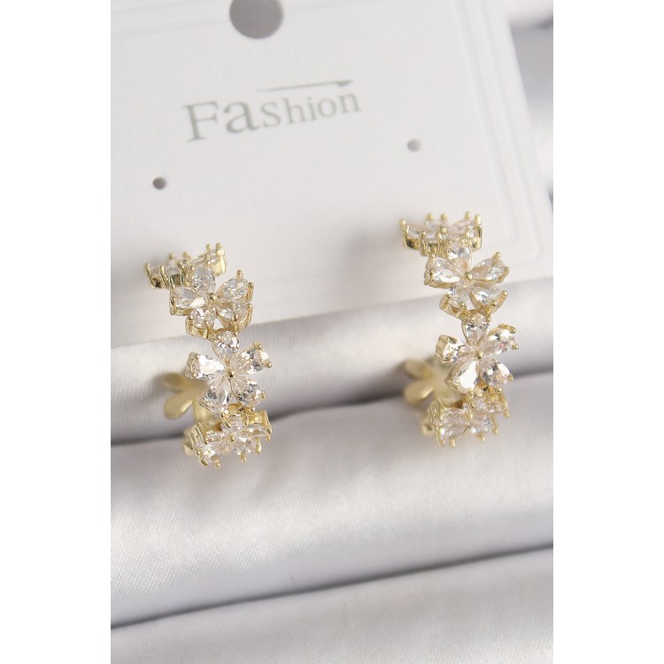 Brass Gold Color Zircon Stone Flower Embroidered Hoop Model Women's Earrings - TJ-BKP9927