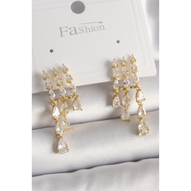 Pirinç Gold Renk Zirkon Taşlı Yağmur Model Kadın Küpe - TJ-BKP9935