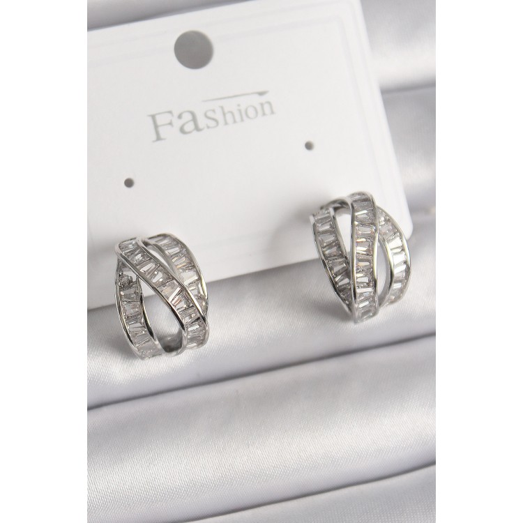 Pirinç Gümüş Renk Zirkon Taşlı Düğüm Halka Model Kadın Küpe - TJ-BKP9944 Pirinç Gümüş Renk Zirkon Taşlı Düğüm Halka Model Kadın Küpe - TJ-BKP9944