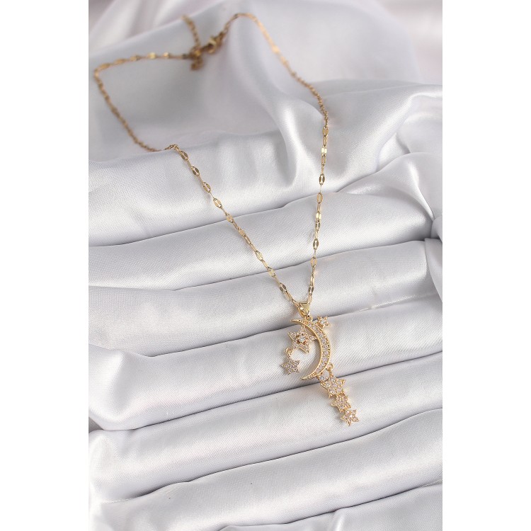 316L Steel Gold Color Chain Zircon Stone Crescent Star Figure Pendant Detail Women's Necklace - TJ-BKO9646