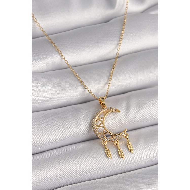 316L Çelik Gold Renk Zincir Zirkon Taşlı Hilal Model Sallantı Yaprak Detay Kadın Kolye - TJ-BKO9650 316L Çelik Gold Renk Zincir Zirkon Taşlı Hilal Model Sallantı Yaprak Detay Kadın Kolye - TJ-BKO9650