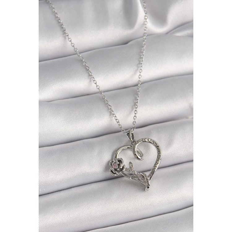 316L Steel Silver Color Chain Zircon Stone Heart Figure Rose Detail Women's Necklace - TJ-BKO9657 316L Steel Silver Color Chain Zircon Stone Heart Figure Rose Detail Women's Necklace - TJ-BKO9657