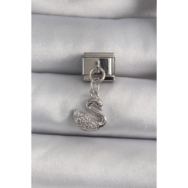 316L Steel Silver Color Zircon Stone Dangle Swan Model Nomination Charm - TJ-BC1110 316L Steel Silver Color Zircon Stone Dangle Swan Model Nomination Charm - TJ-BC1110