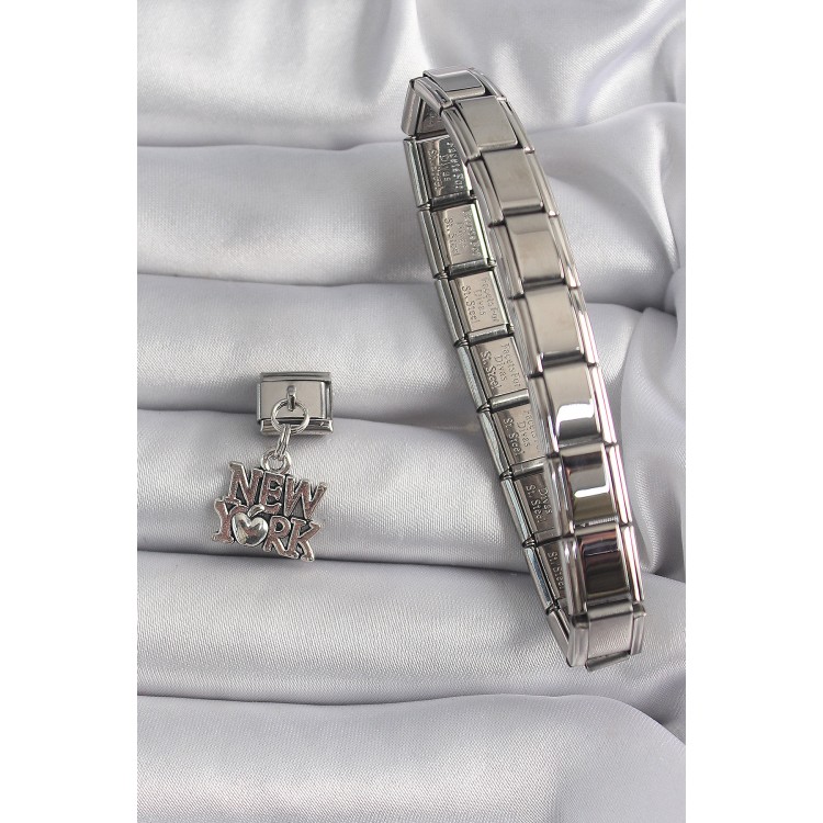 316L Çelik Gümüş Renk Sallantı New York Yazı Model Nomination Charm - TJ-BC1120