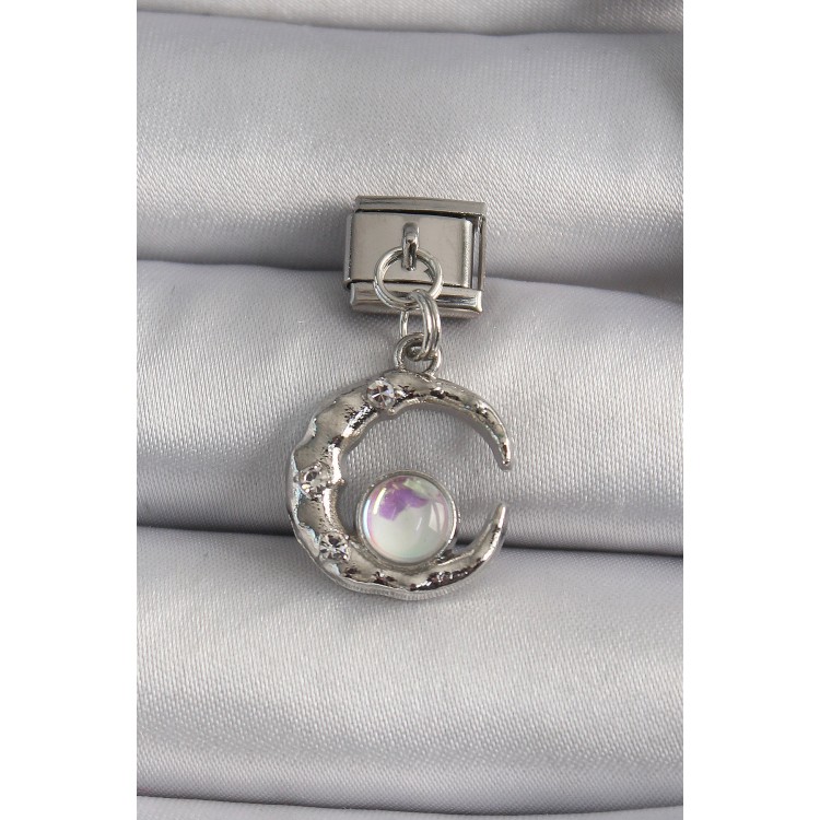 316L Steel Silver Color Dangle Crescent Model White Mother of Pearl Detail Nomination Charm - TJ-BC1155 316L Steel Silver Color Dangle Crescent Model White Mother of Pearl Detail Nomination Charm - TJ-BC1155