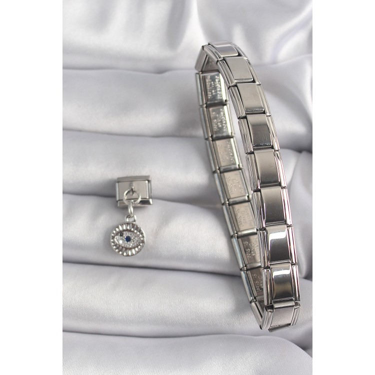 316L Çelik Gümüş Renk Sallantı Zirkon Taşlı Göz Model Nomination Charm - TJ-BC1157