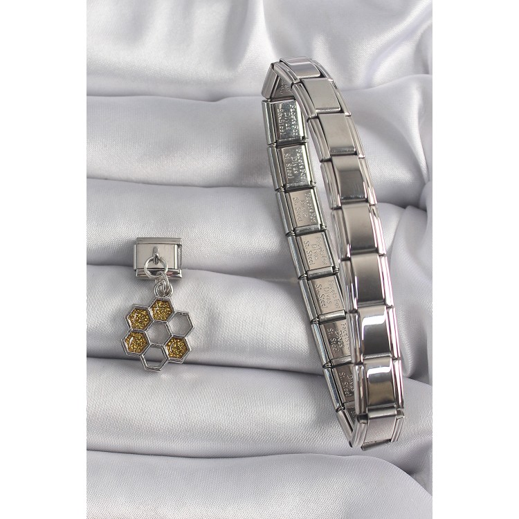 316L Çelik Gümüş Renk Sallantı Simli Bal Beteği Model Nomination Charm - TJ-BC1158