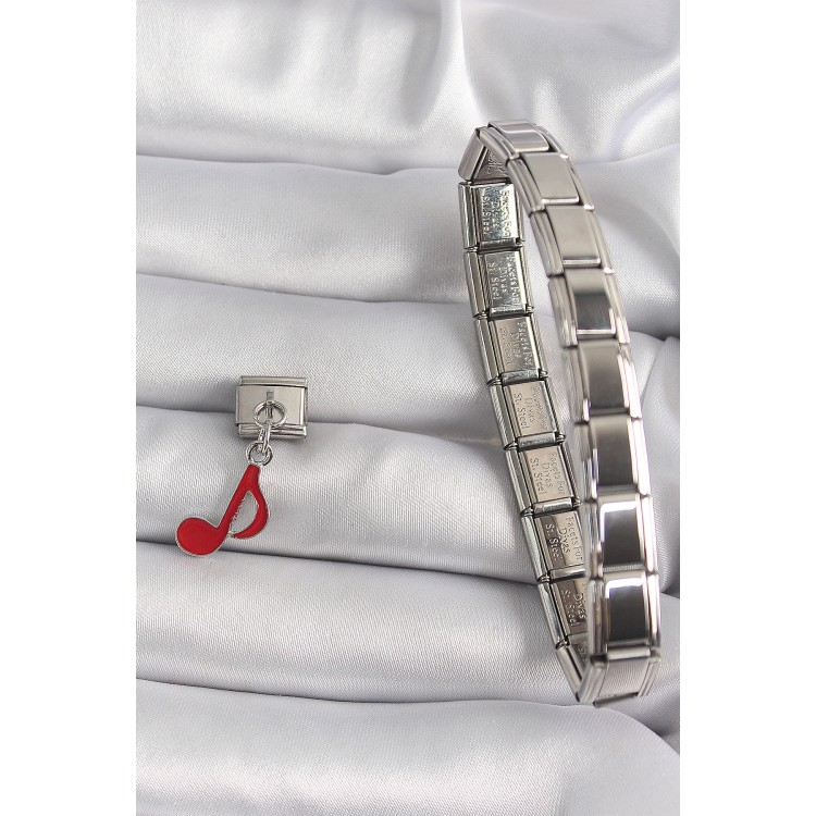 316L Çelik Gümüş Renk Kırmızı Nota Model Nomination Charm - TJ-BC1180